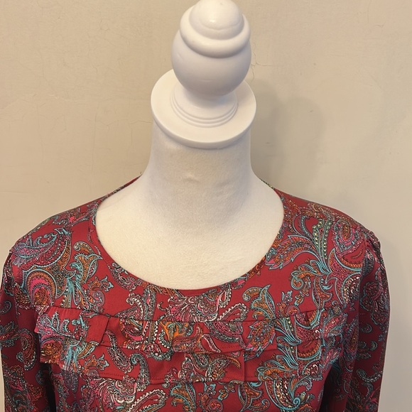 Talbots burgundy paisley ruffle long sleeve blouse Size MP EUC - Picture 3 of 10